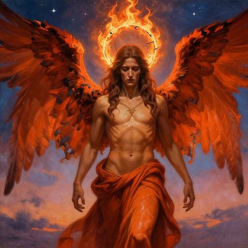 Digital art of a muscular, shirtless angel with fiery orange wings and a halo, wearing a red cloth, against a starry sky.