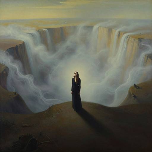 Photograph-like digital painting of a solitary figure in black, standing on a cliff, surrounded by ethereal, misty waterfalls under a yellow-green