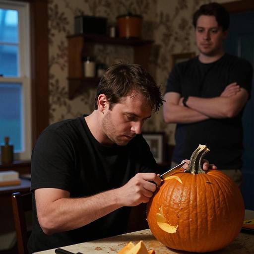 Men Carving Pumpkin in Dim Light