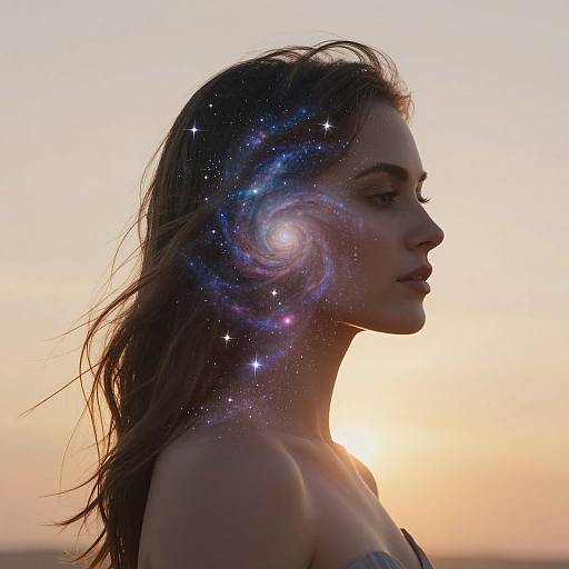 Photograph of a woman in profile at sunset, with her hair and head filled with a glowing, starry galaxy.