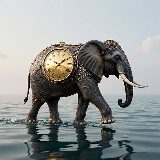 Photograph of a realistic, dark gray, textured elephant with a large, gold, analog clock on its back, walking through calm, reflective water under