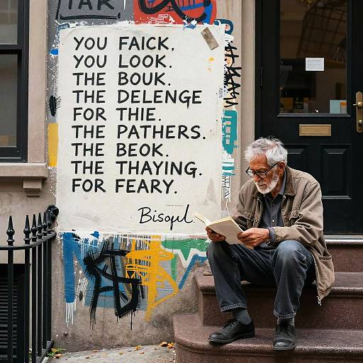 Photograph of an elderly white man with gray hair and beard, sitting on city steps, reading a poem with graffiti background.