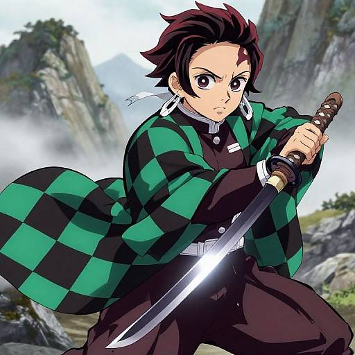 Anime-style drawing of a determined young man with dark hair, wearing a green-black checkered cloak, holding a katana, in a rocky mountainous