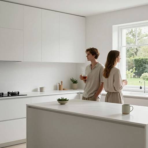 Photograph of a bright, modern kitchen with white cabinets, a young couple in beige clothes, standing by a sunlit window.