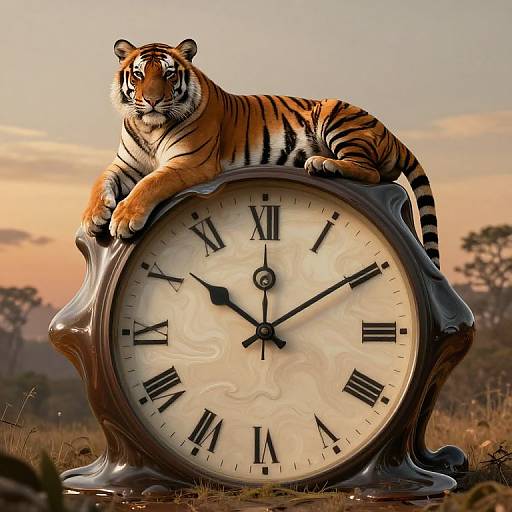Photograph of a tiger lounging on a large, antique-style clock with black Roman numerals, set against a sunset-lit savanna.