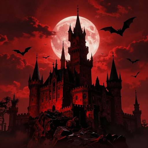 Digital art of a gothic castle silhouetted against a bright red full moon, surrounded by bats in a dark, ominous red sky.