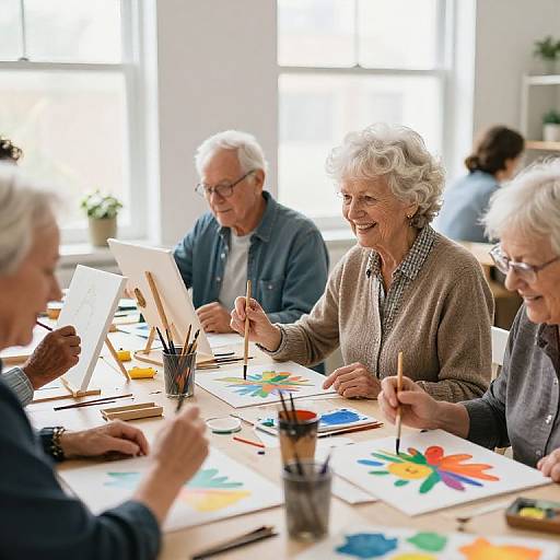 Photograph of four elderly artists, smiling, seated at a table with colorful paintings, art supplies, and bright windows in background.