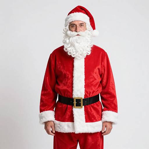 Photograph of a white-bearded man in a classic red Santa Claus outfit with white fur trim, black belt, and Santa hat, standing against a