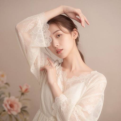 Digital portrait of an Asian woman with light skin, brown hair, and red lips, wearing a sheer, white lace dress, gently touching her hair against