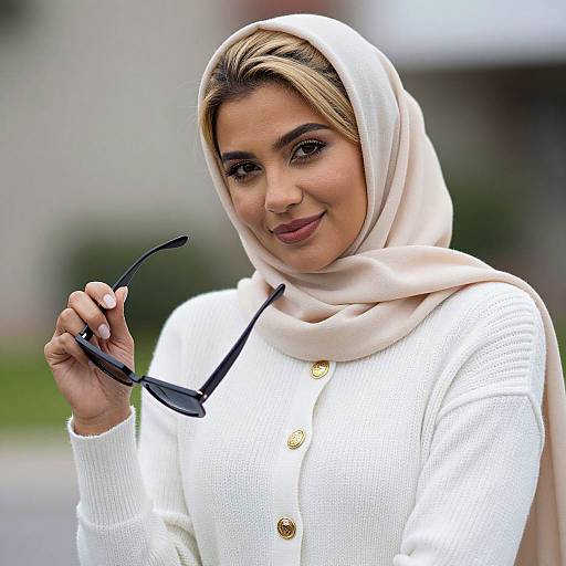 Woman in Beige Headscarf Holding Sunglasses