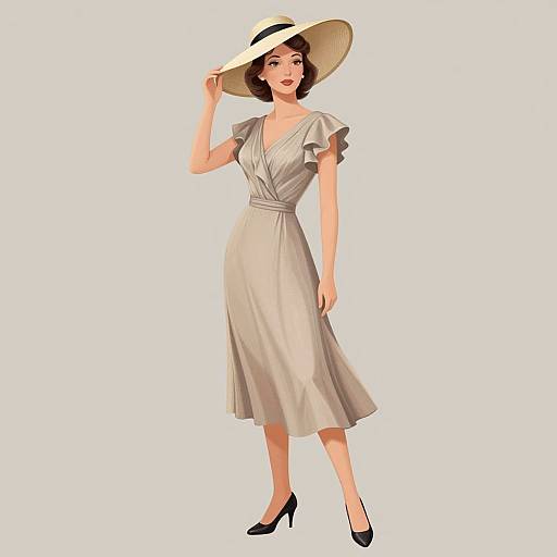 Vintage-style illustration of a woman in a cream, short-sleeve, V-neck dress, black high heels, and wide-brimmed white hat