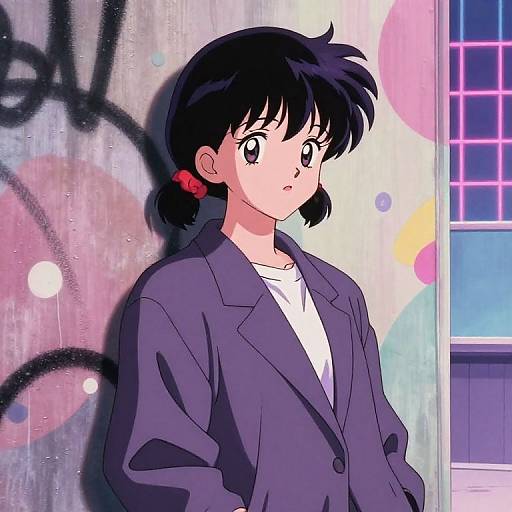 Anime-style drawing of a serious black-haired girl in a purple blazer, standing against a graffiti-covered wall with neon lights.