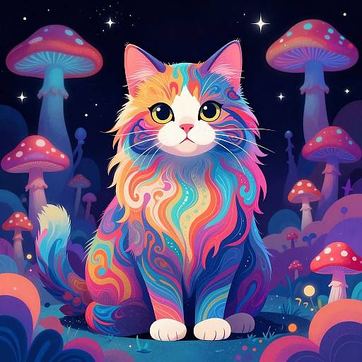 Digital illustration of a vibrant, multicolored cat with rainbow fur sitting among glowing, red-capped mushrooms in a starry night forest.