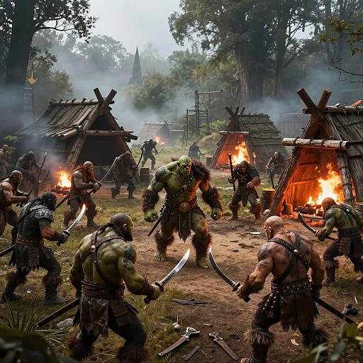 Photograph of a fierce medieval battle scene: muscular warriors in fur and leather, wielding swords, fighting amidst burning wooden huts in a forest. Smoke