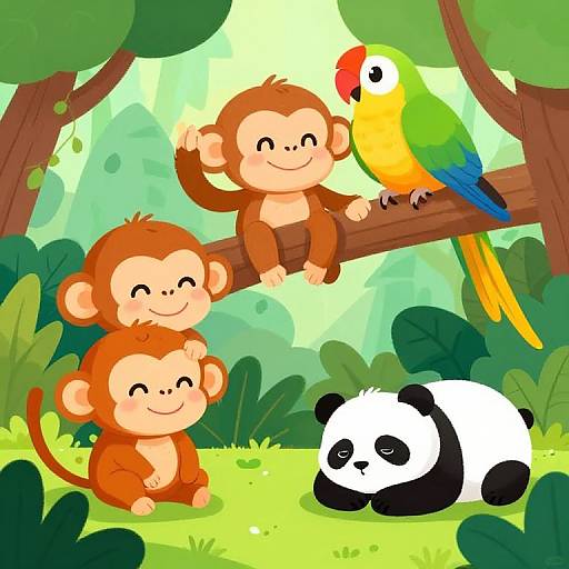 Colorful cartoon jungle scene with three smiling monkeys, a vibrant parrot on a branch, and a sleepy panda on grass.