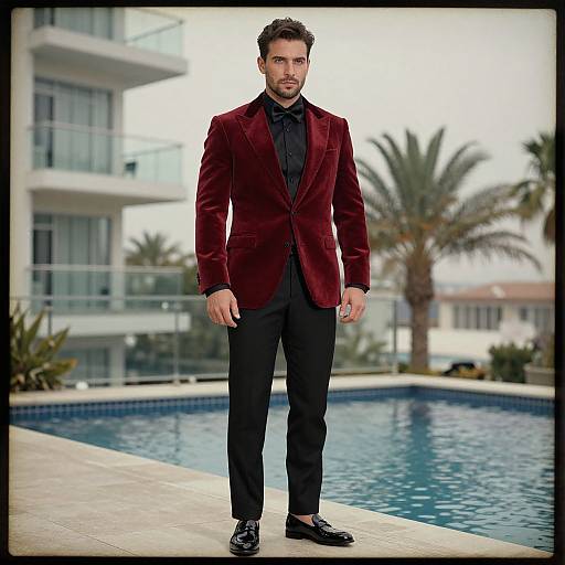 Photograph of a handsome man with dark hair and beard, wearing a red velvet blazer, black shirt, and pants, standing by a pool with