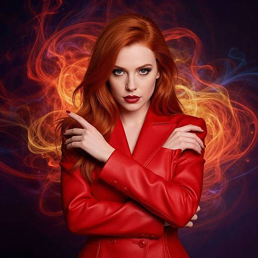Digital artwork of a pale-skinned, red-haired woman with intense blue eyes, wearing a vibrant red leather jacket, standing against a dark background with swirling