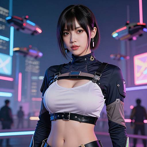 Cyberpunk-style photograph of an East Asian woman with short black hair, wearing a white crop top and black harnesses, in a neon-lit