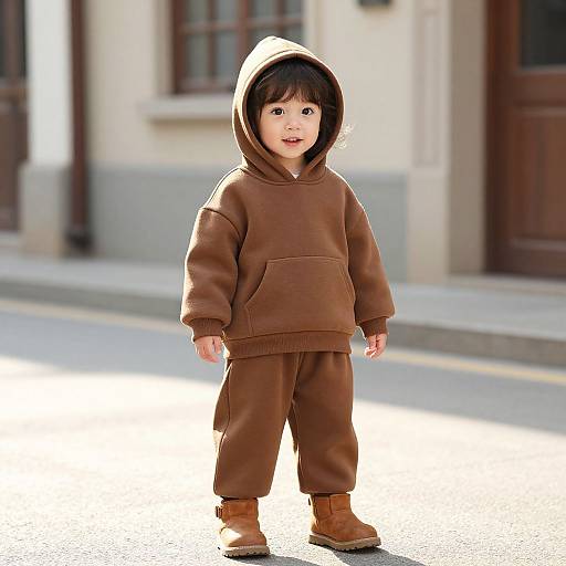 Photograph of a cute toddler with light skin, brown hair, wearing a brown hooded sweatshirt, matching pants, and brown boots, standing on