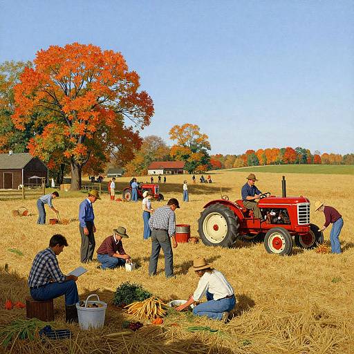 Photograph of a rural harvest scene with people of various ages sorting hay in a golden field, under a vibrant autumn tree, near a red tractor and