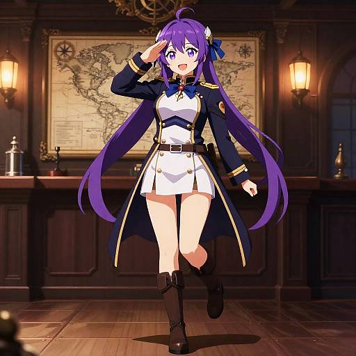 Anime Girl in Naval Uniform Saluting in Captain's Cabin