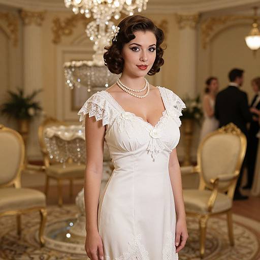 Photograph of a fair-skinned, dark-haired woman in a vintage-style white lace wedding dress with pearl necklace, standing in an ornate, op