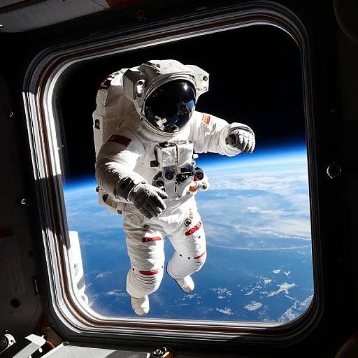 Photograph of an astronaut in a white spacesuit with red stripes floating outside a spacecraft window, gazing at Earth's blue horizon against the blackness