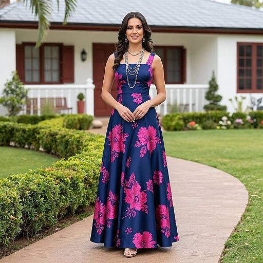 Photograph of a smiling woman with long black hair, wearing a navy blue floral dress, standing on a garden path in front of a white house with