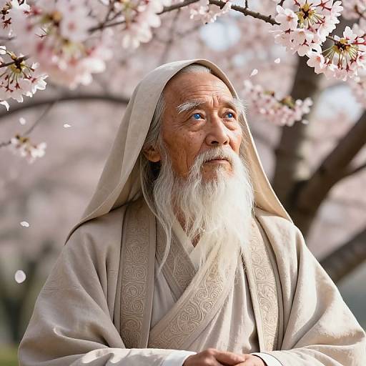 Photograph of an elderly, wise-looking man with a long white beard, wearing a beige robe and hood, surrounded by blooming cherry blossoms.