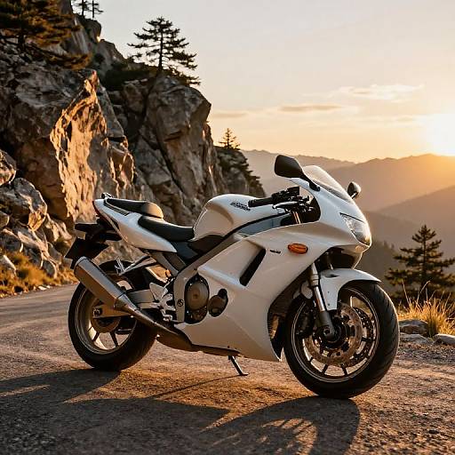 Photograph of a white Kawasaki sport motorcycle parked on a mountain road at sunset, with rocky cliffs and pine trees in the background.