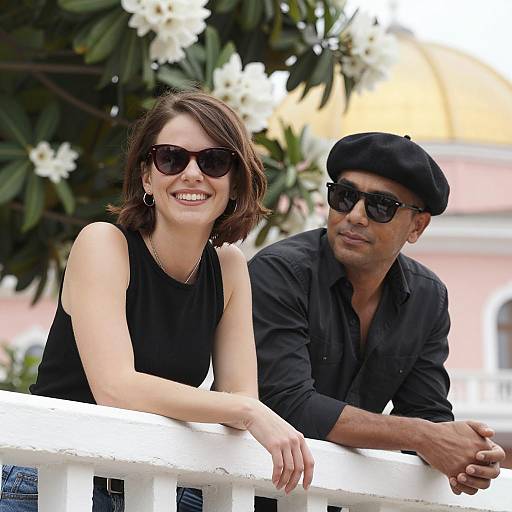 Two People Leaning on White Railing Outdoors