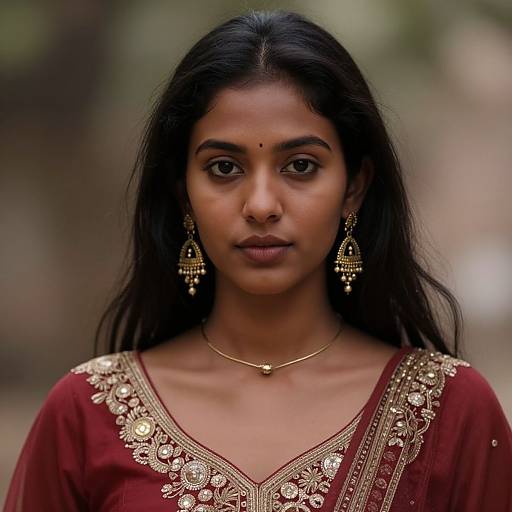 Photograph of an Indian woman with long black hair, dark eyes, wearing a red embroidered blouse, gold earrings, and necklace, standing against a blurred