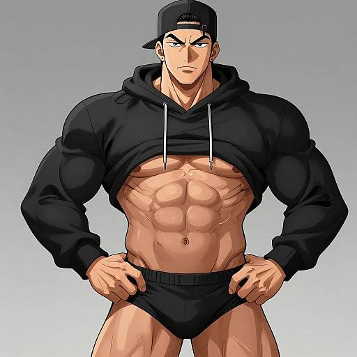 Muscular man in black hoodie and cap, exposing six-pack abs, wearing black briefs, hands on waist, serious expression, digital art.