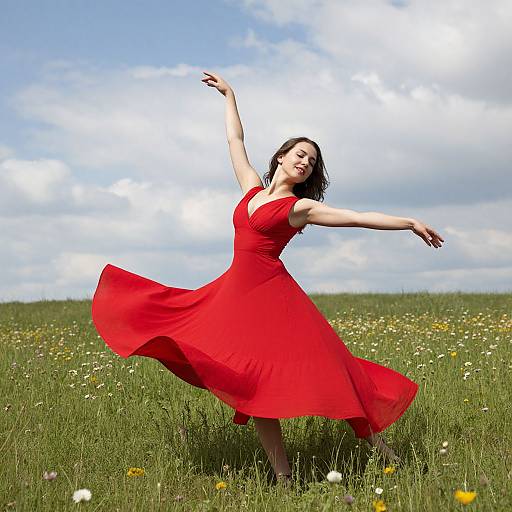 Photograph of a smiling woman in a flowing red dress dancing in a sunlit grassy field with wildflowers under a blue, cloudy sky.