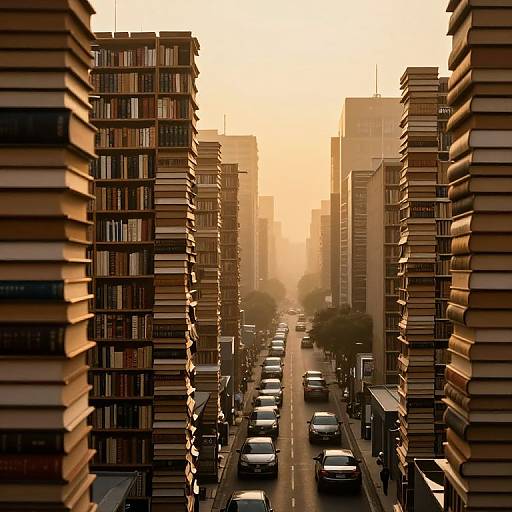 Photograph-like digital art of a city street flanked by towering, book-stacked skyscrapers at sunset, cars driving down the center.
