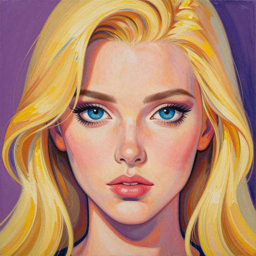 Digital painting of a fair-skinned, blonde woman with striking blue eyes, full lips, and wavy hair against a purple background.