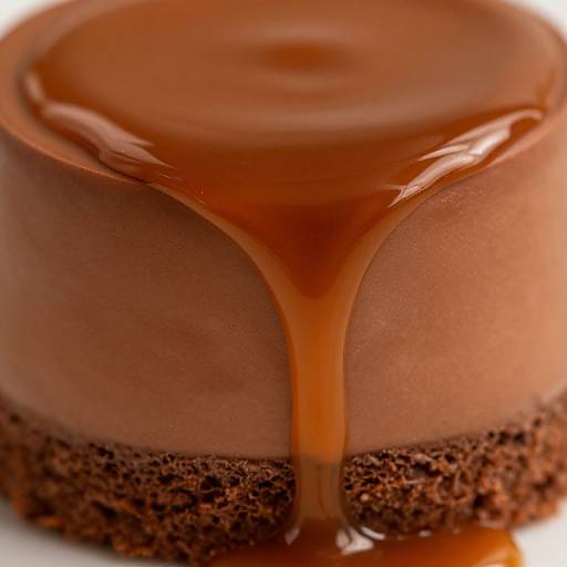 Close-up photograph of a chocolate cake with smooth, rich brown frosting, topped with a glossy caramel drizzle cascading down the sides.