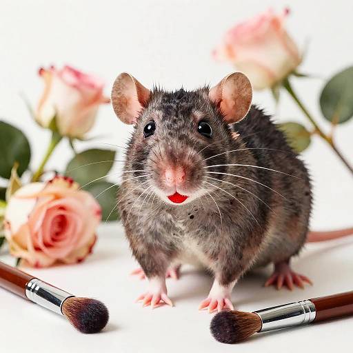 Playful Rat with Lipstick and Roses
