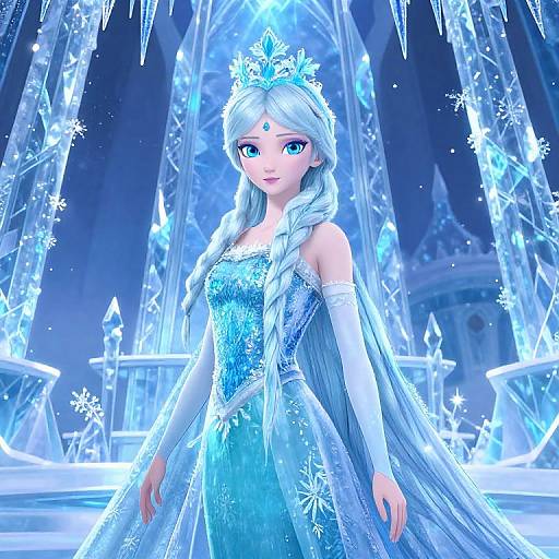 Digital CGI image of a fair-skinned, blue-eyed, long-haired princess in a sparkling, ice-blue Snow Queen dress, standing in an icy,
