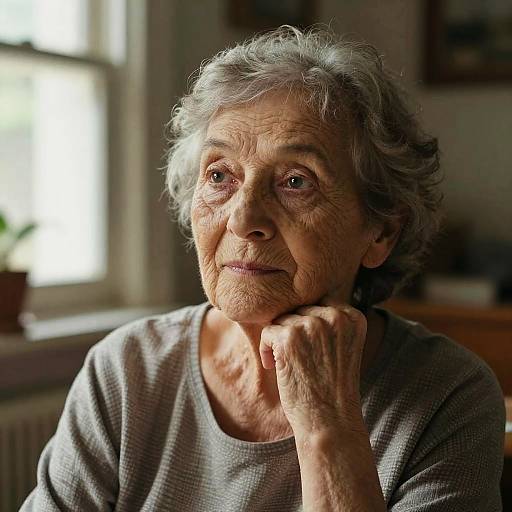 Photograph of an elderly woman with short, gray curly hair, wearing a gray sweater, resting her chin on her hand, looking contemplatively to the