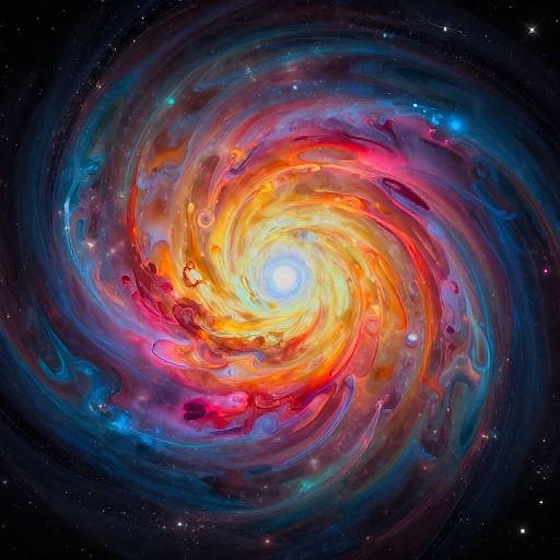 Vivid, swirling galaxy with a bright, fiery central core in yellow and orange, surrounded by blue and red cosmic clouds against a starry black background