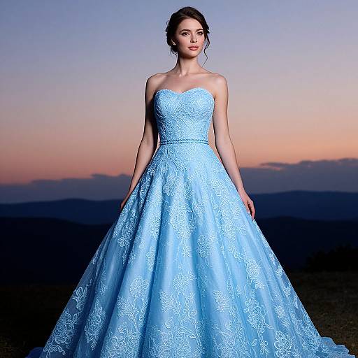 Photograph of a fair-skinned woman with dark hair in an elegant, strapless, light blue lace wedding gown, standing against a twilight sky.