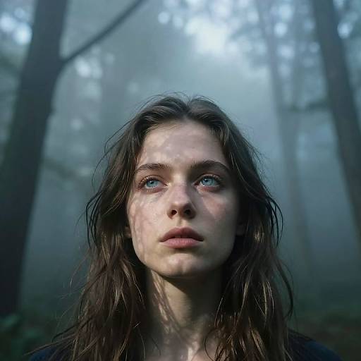 Digital artwork of a young woman with long, wet brown hair and blue eyes, gazing upward in a misty forest. Light filters through trees,