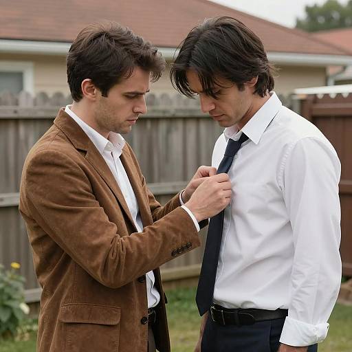Two men in backyard with intense interaction