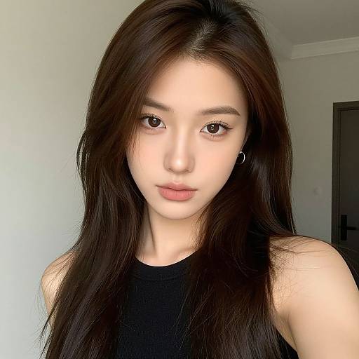 Photograph of an Asian woman with long, straight black hair, fair skin, and brown eyes, wearing a black sleeveless top, standing against a