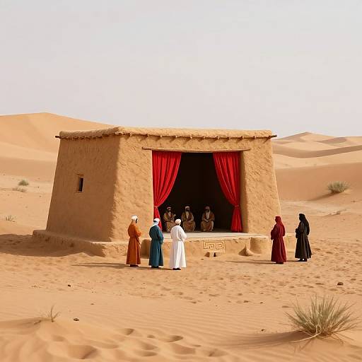 Photograph of a desert scene with a sandy, rectangular adobe hut featuring red curtains, six people in traditional Middle Eastern clothing standing outside, and d