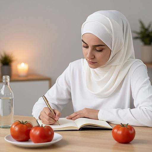 Photograph of a young woman in a white hijab and long-sleeve shirt, writing in an open book at a wooden table with ripe tomatoes