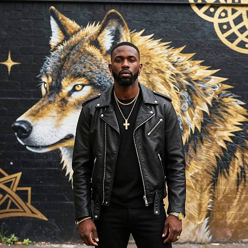 Photograph of a black man with a beard, wearing a black leather jacket and necklace, standing in front of a large, detailed wolf mural on a