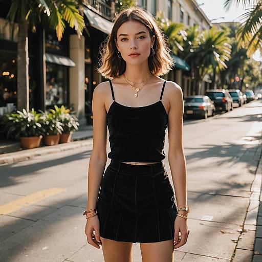 Teenage girl in trendy black velvet outfit on sunny street