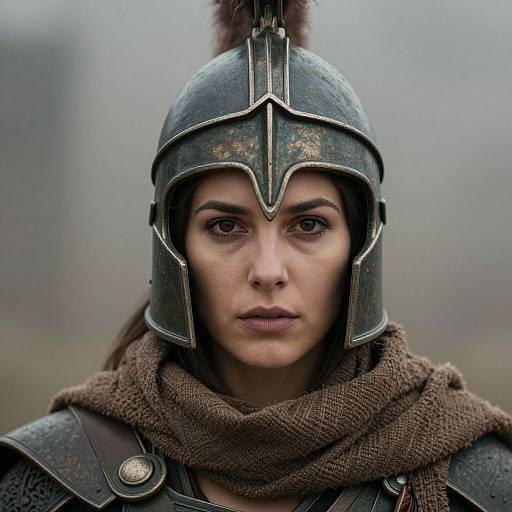 Photograph-style CGI of a serious, dark-eyed woman with light brown skin, wearing a worn, metallic helmet and brown wool scarf, in medieval armor